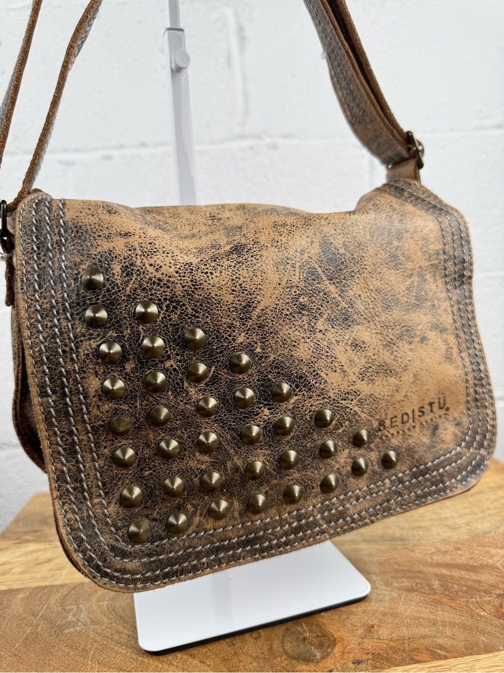 BEDISTU Distressed Leather Studded Flap Crossbody Bag Rustic Brown - Picture 2 of 12